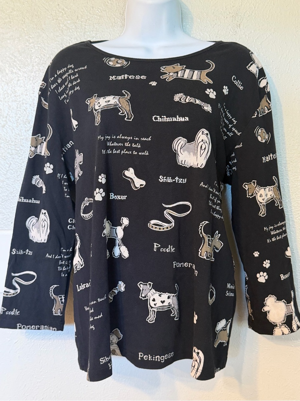VTG Jess & Jane USA Women Black Dog Medley Print Rhinestone Cotton Top Large